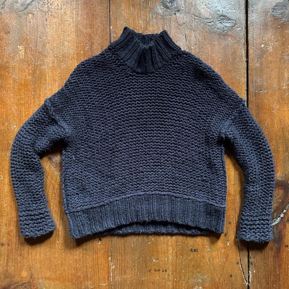 Free people Navy Blue Textured Knit Mock Neck Sweater | Cozy Chunky Pullover